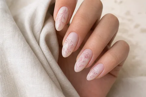 Fine-line floral nail art in dusty rose on a soft almond shape